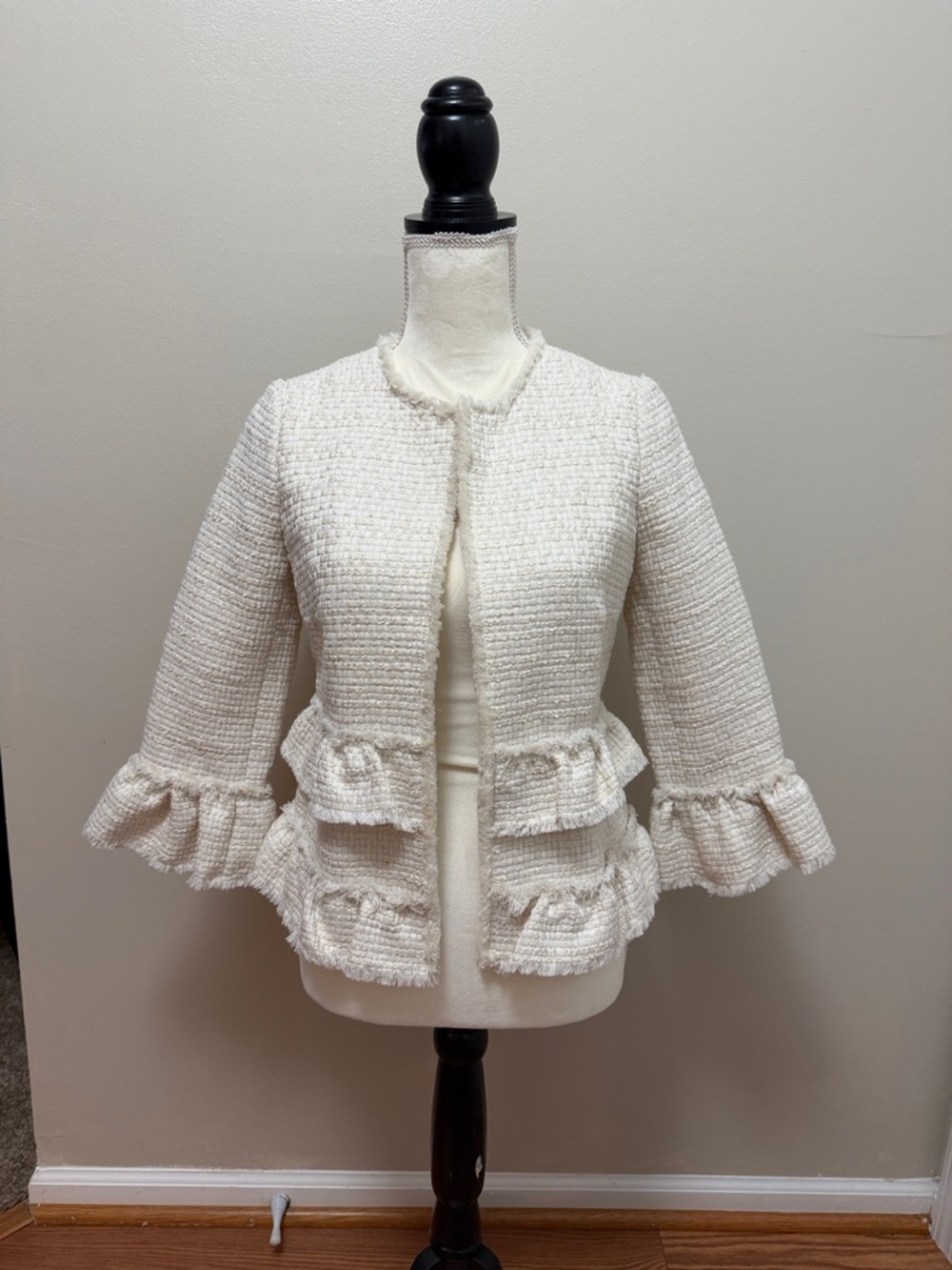 Ann Taylor Cream Textured Tweed Ruffled Peplum Jacket